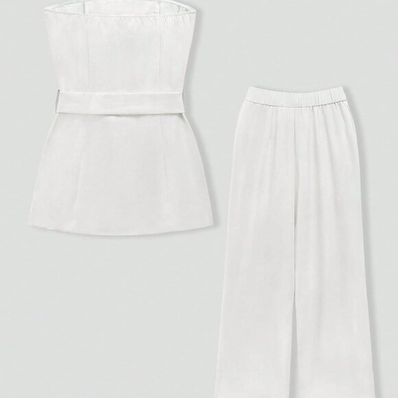 White Casual Women's Strapless Metal Button Top & Elastic Waist Pants Set - Picture 10 of 10